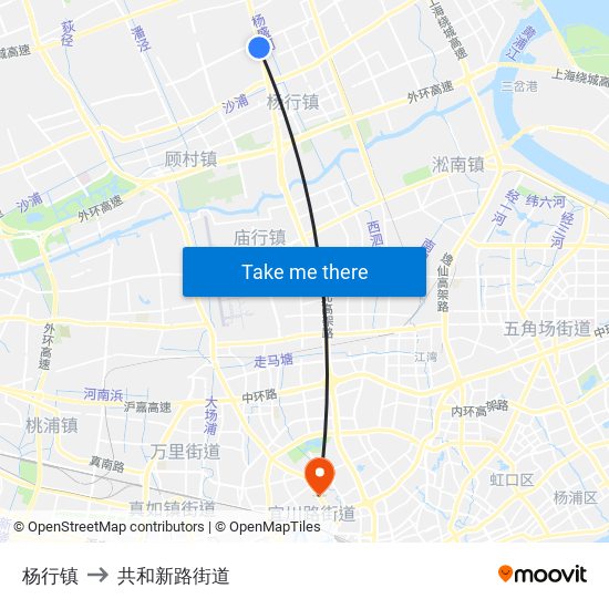 杨行镇 to 共和新路街道 map