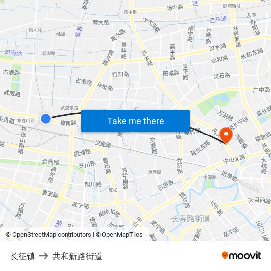 长征镇 to 共和新路街道 map