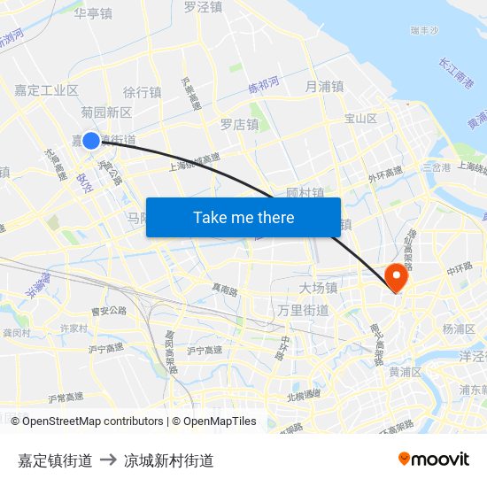 嘉定镇街道 to 凉城新村街道 map