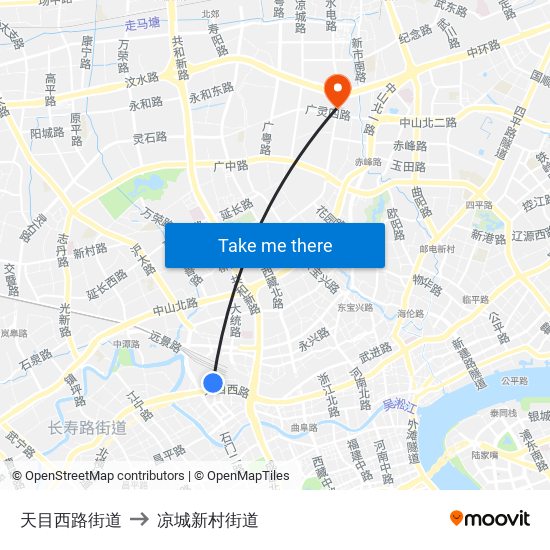 天目西路街道 to 凉城新村街道 map