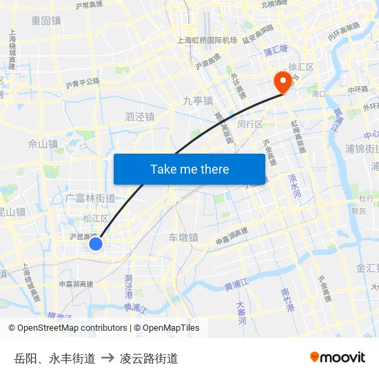 岳阳、永丰街道 to 凌云路街道 map