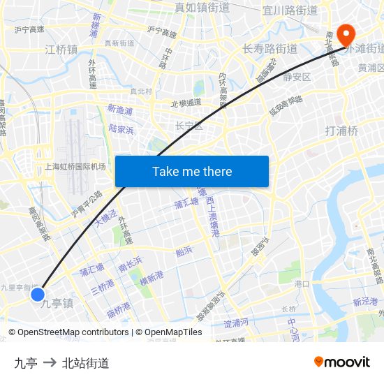 九亭 to 北站街道 map