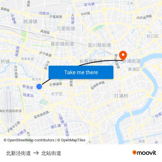 北新泾街道 to 北站街道 map