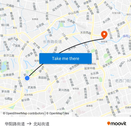 华阳路街道 to 北站街道 map