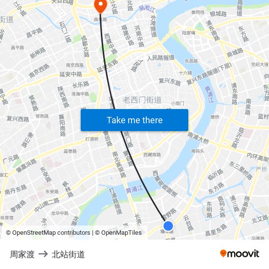 周家渡 to 北站街道 map