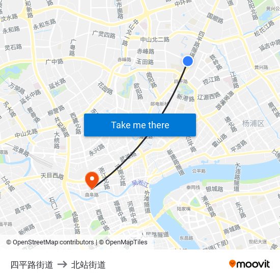 四平路街道 to 北站街道 map