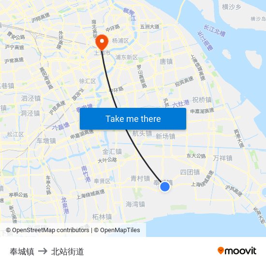 奉城镇 to 北站街道 map