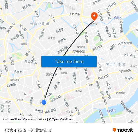 徐家汇街道 to 北站街道 map