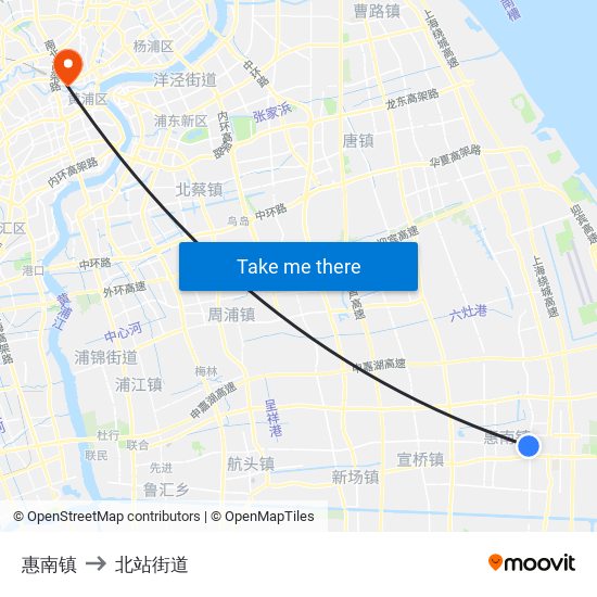 惠南镇 to 北站街道 map