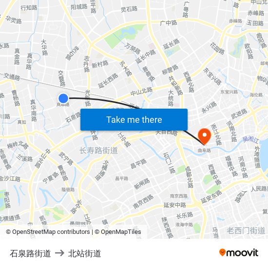 石泉路街道 to 北站街道 map