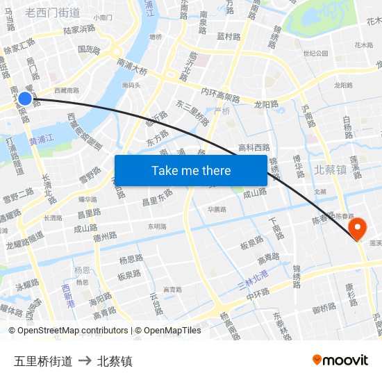 五里桥街道 to 北蔡镇 map