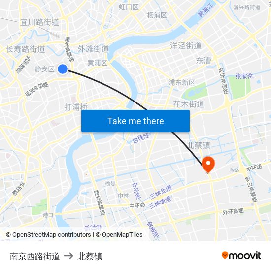 南京西路街道 to 北蔡镇 map