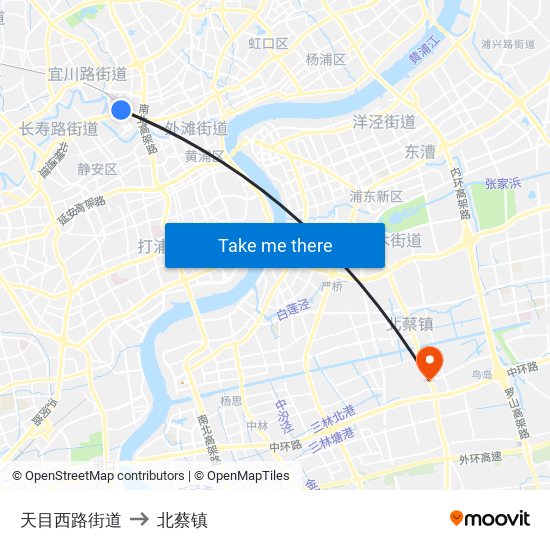 天目西路街道 to 北蔡镇 map