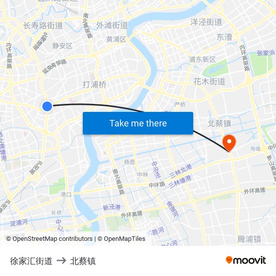 徐家汇街道 to 北蔡镇 map