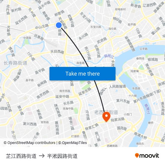 芷江西路街道 to 半淞园路街道 map