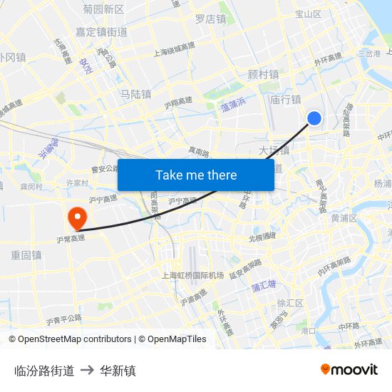 临汾路街道 to 华新镇 map