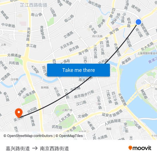 嘉兴路街道 to 南京西路街道 map