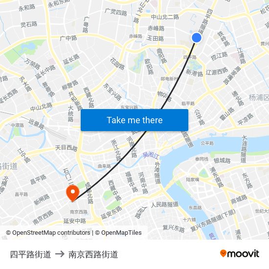 四平路街道 to 南京西路街道 map