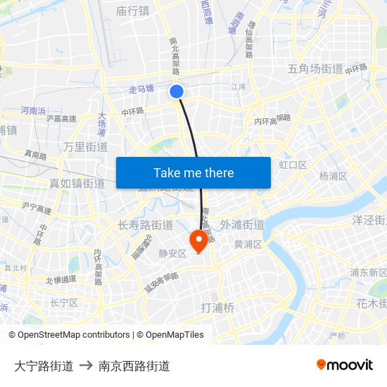 大宁路街道 to 南京西路街道 map