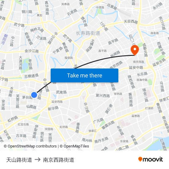 天山路街道 to 南京西路街道 map