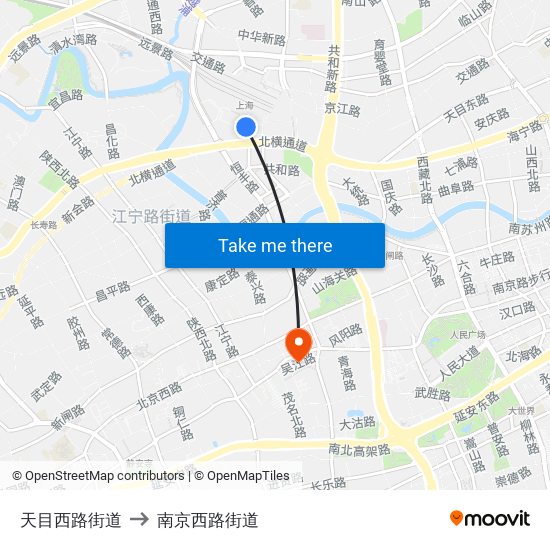 天目西路街道 to 南京西路街道 map