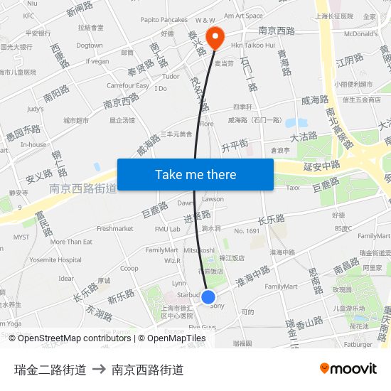 瑞金二路街道 to 南京西路街道 map