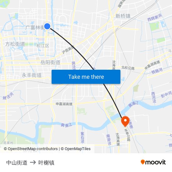中山街道 to 叶榭镇 map