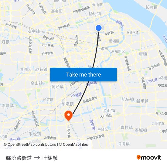 临汾路街道 to 叶榭镇 map