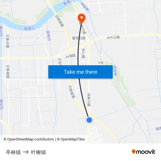 亭林镇 to 叶榭镇 map