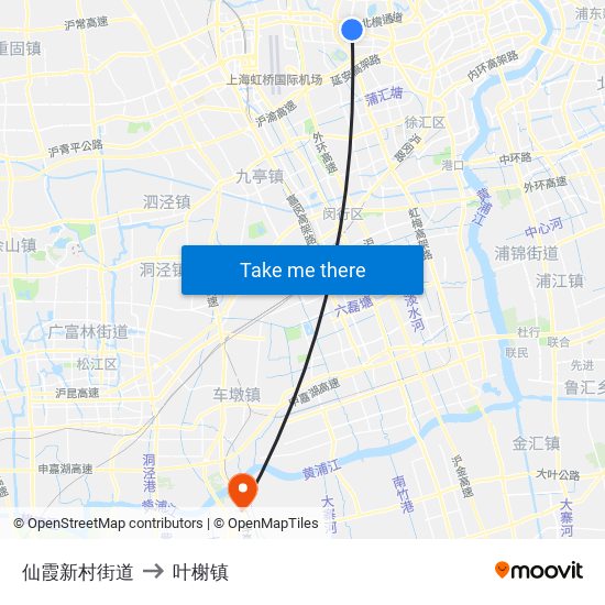 仙霞新村街道 to 叶榭镇 map