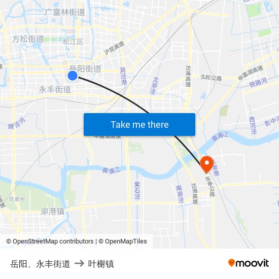 岳阳、永丰街道 to 叶榭镇 map