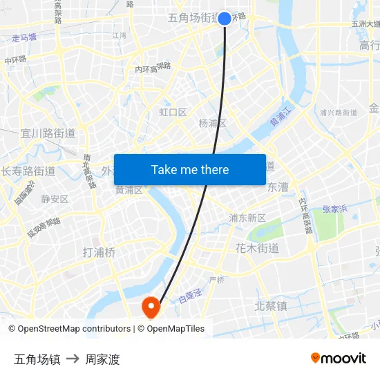 五角场镇 to 周家渡 map