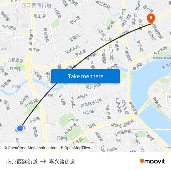 南京西路街道 to 嘉兴路街道 map