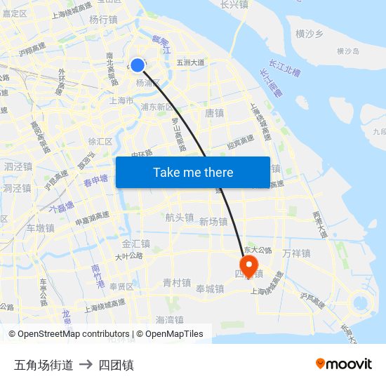 五角场街道 to 四团镇 map