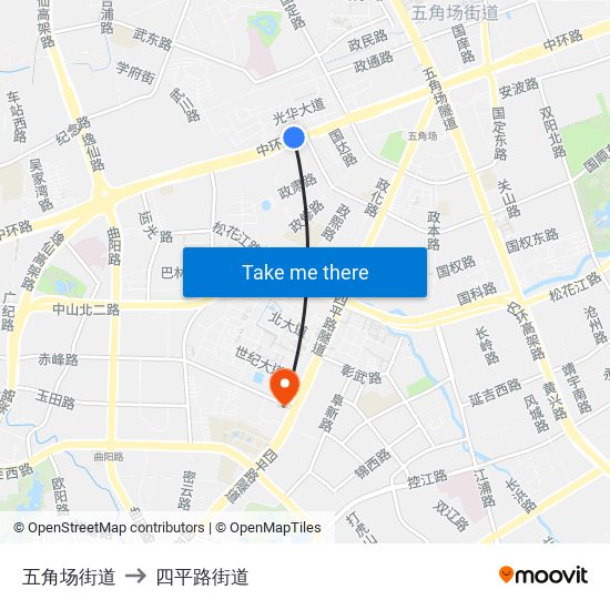 五角场街道 to 四平路街道 map