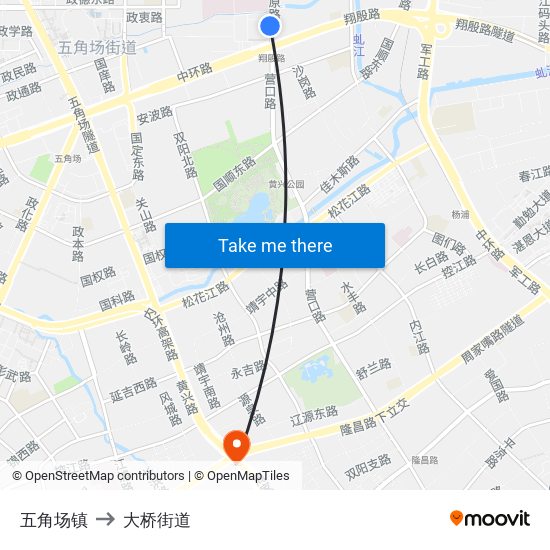 五角场镇 to 大桥街道 map