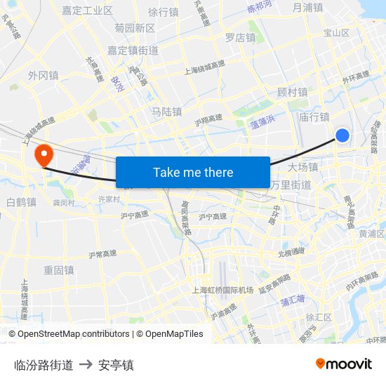 临汾路街道 to 安亭镇 map