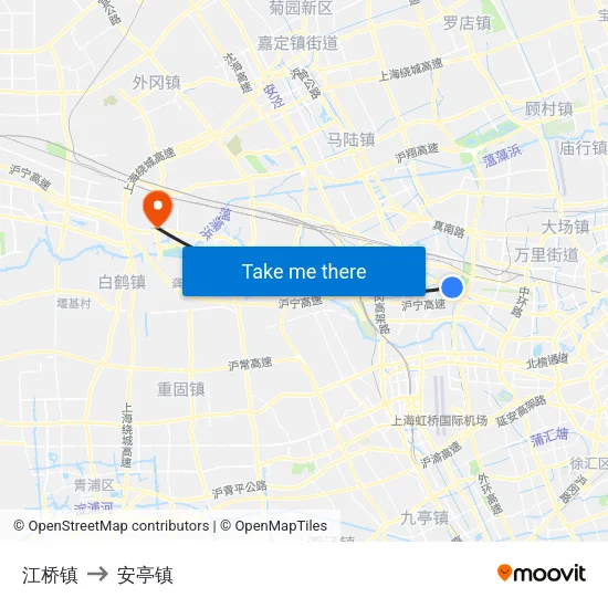 江桥镇 to 安亭镇 map