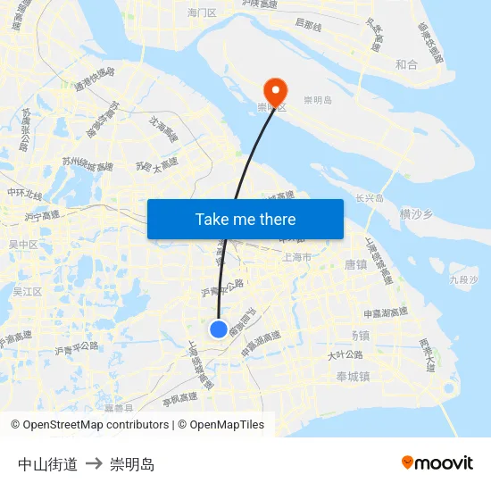 中山街道 to 崇明岛 map