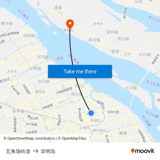 五角场街道 to 崇明岛 map
