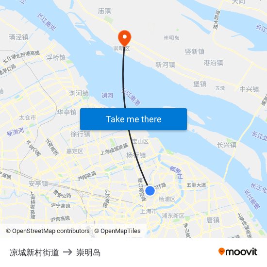 凉城新村街道 to 崇明岛 map