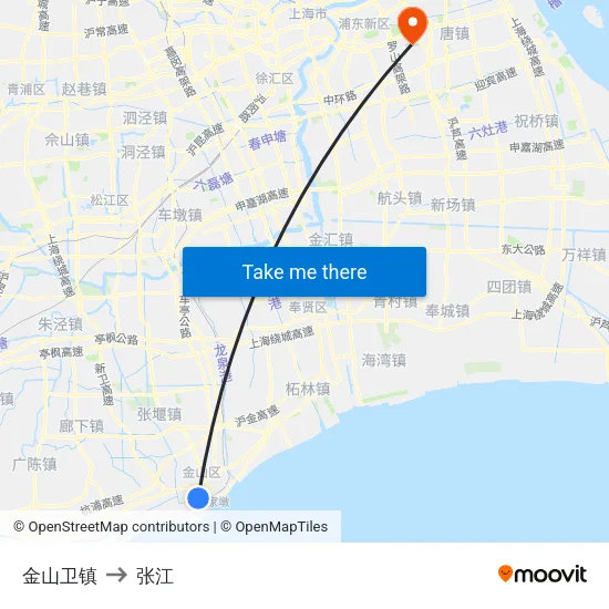 金山卫镇 to 张江 map