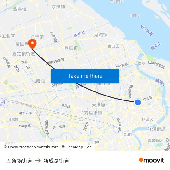 五角场街道 to 新成路街道 map