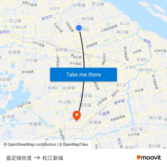 嘉定镇街道 to 松江新城 map