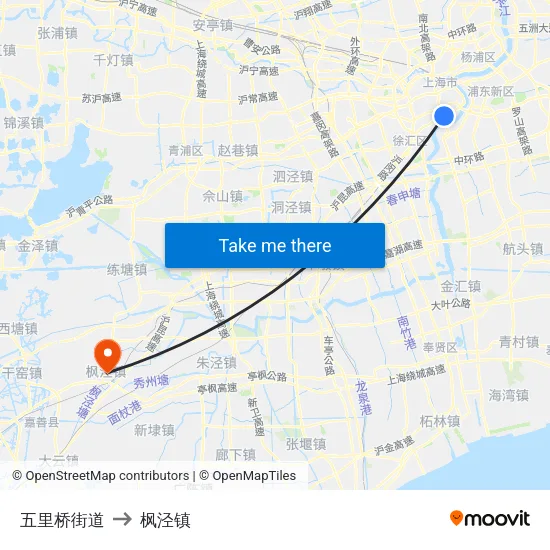 五里桥街道 to 枫泾镇 map