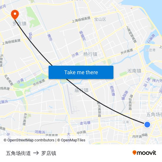 五角场街道 to 罗店镇 map