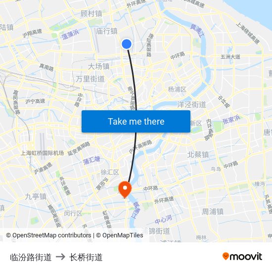 临汾路街道 to 长桥街道 map