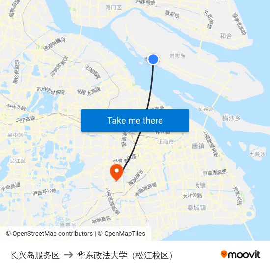 长兴岛服务区 to 华东政法大学（松江校区） map
