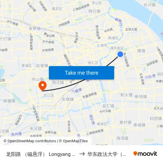 龙阳路 （磁悬浮） Longyang Road (Maglev) to 华东政法大学（松江校区） map