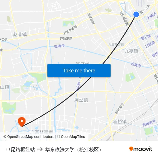 申昆路枢纽站 to 华东政法大学（松江校区） map
